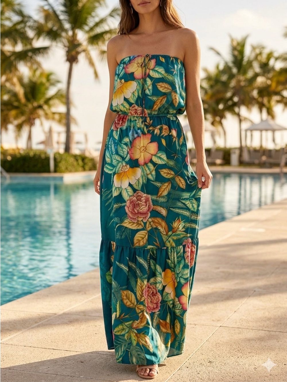 KITE AND BUTTERFLY Wild Rose Rio Tropical Floral Silk Strapless Maxi Dress